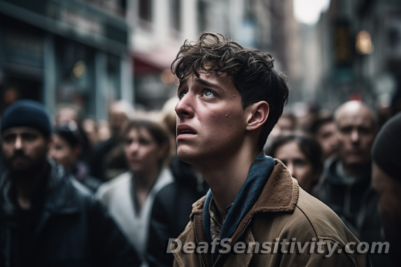 Young man battling social anxiety amidst a bustling city crowd