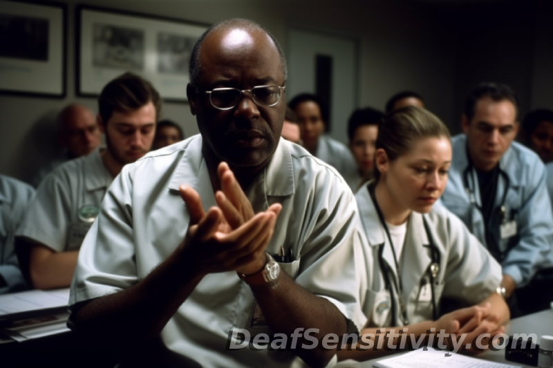 Doctor and medical staff engaged in a Deaf Sensitivity Training session with a patient instructing in American Sign Language