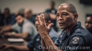Law enforcement officers learning American Sign Language during Deaf Sensitivity Training with a deaf instructor